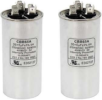 2 Pack 35+5 MFD 35/5 uF 370 or 440 Volt CBB65B Dual Run Circular Start Capacitor for AC Motor Run, Condenser Straight Cool, Heat Pump, Air Conditioner, HVAC Capacitor