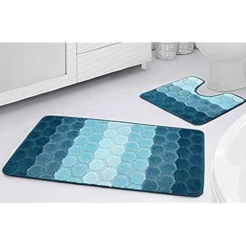 2pc Non Slip Bath Mat Set Bath & Pedestal Mats Stripe Design For Bathroom Soft And Absorbent Two Piece Slip Resistant (blue) Cover