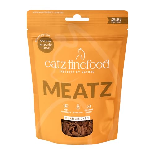 catz finefood Meatz Katzen Leckerlies Huhn N° 3 - knusprige Fleischstreifen, gegrilltes Hühnerfleisch mit Biotin für gänzendes Fell - Katzensnack ohne Zucker, getreidefrei, 45g