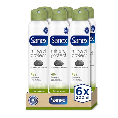 Sanex Mineral Protect Desodorante Spray, Pack 6 Uds x 200 ml, Protección 72H contra el Mal Olor, con Piedra de Alumbre, 0% Alcohol, Sin Alérgenos ni Colorantes, Piel Normal