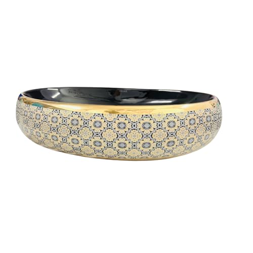 Image of Wallace Premium Countertop Wash Basin 60x40x15 cm | Oval Ceramic Table Top Sink | Black Interior with Royal Gold Ornate Pattern | Luxury Designer Vanity Wash Bowl for Modern Bathrooms