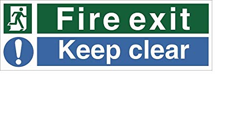 Seco Fire Exit - Man Running Left, Fire Exit, Exclamation Mark, Keep Clear Sign, 450mm x 150mm - Self Adhesive Vinyl