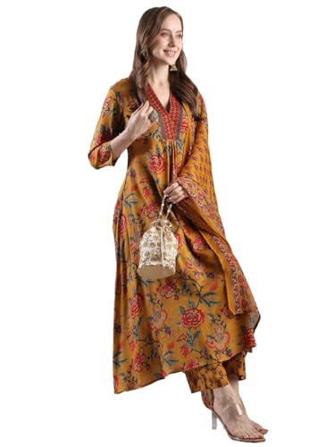 Image of GoSriKi Women's Rayon Viscose Anarkali Printed Kurta with Palazzo & Dupatta