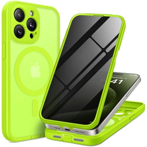 TIESZEN for iPhone 15 Pro Max Case Compatible with MagSafe Built-in Privacy Screen Protector and Camera Protection Anti Spy Full Body Dustproof Shockproof Hard Phone Case 6.7 Matte Green