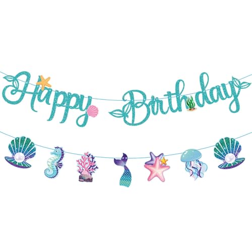 TAXTYHRE Decoración de Cumpleaños de Sirena, Banner de Cumpleaños de Sirena, Guirnalda Happy Birthday, para Baby Shower, Mujeres y Niñas, Fiesta Temático del Océano