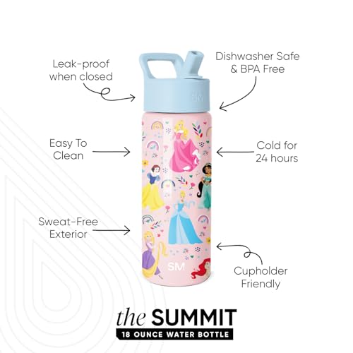 Image of Simple Modern Disney Princess Kids Water Bottle with Straw Lid | 18oz Insulated Stainless Steel Kids Tumbler & Spill Proof Toddler Cup for School, Girls, Boys | Summit | Princess Rainbows