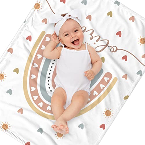 Image of Personalized Baby Girl Blankets with Name, Custom Boho Rainbow Swaddle Blanket for Girls, Customize Newborn Shower Gifts for Baby Girl, Easter Birthday Expecting Mom Gifts for Kids Girls