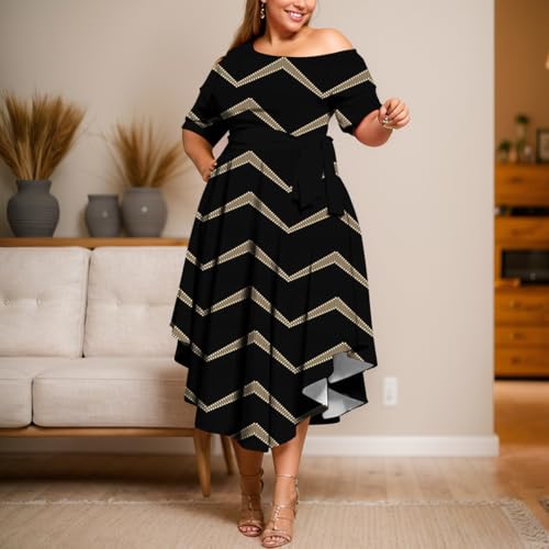 Image of Plus Size Women Wedding Guest Dress Off Shoulder Boat Neck Irregularly Flowy Midi Church Dress