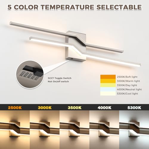 Image of 31.5 Inch Vnaity Lighting Led Bathroom Lights Over Mirror Brushed Nickel Dimmable 5CCT 32W Modern Bath Vanity Lights Bar Wall Sconces