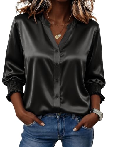 LOMON Womens Silk Satin Button Down V Neck Casual Blouses 3/4 Length Sleeve Tops Summer Basic Tank Shirt（Black，XXL