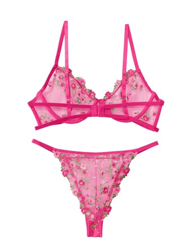 Image of Lilosy Sexy Floral Embroidered Mesh Sheer Underwire Lingerie Set