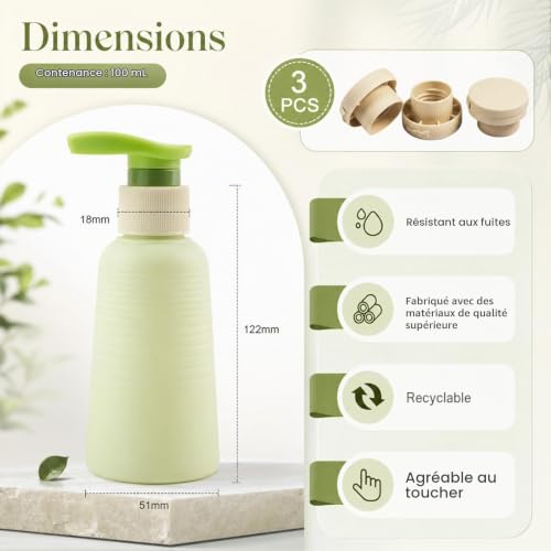 Flacon Voyage Réutilisables, 3 Pièces 100mL Flacon Vide Voyage, Flacon De Voyages Résistantes Aux, Bouteilles de Shampoing à Remplir, Contenant Voyages pour Shampoing, Gel Douche, Crème, Lotions, Vert – vue 2