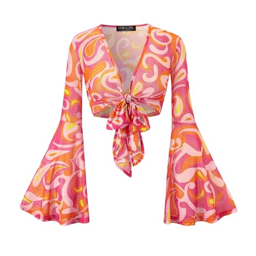 For G and PL Women Tie Front Bell Sleeve Rave Crop Tops Floral Print Hippie Mesh Sheer Shirt