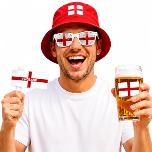 England World Cup 2026 Merchandise - England Fan Kit 4-Piece Supporter Set - St George Bucket Hat Pint Glass Glasses & Noise Makers. Football Party Decorations for Womens & Mens Accessories