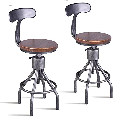 Diwhy Industrial Vintage Bar Stool,Kitchen Counter Height Adjustable Pipe Stool,Cast Iron Stool,Swivel Bar Stool with Backrest,Metal Stool,Silver,Fully Welded Set of 2 (Wooden Top)