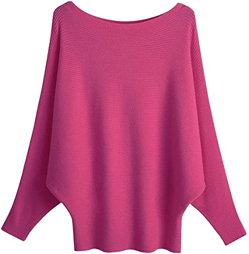 GXIN Jersey de Mujer Sin Hombros Manga murciélago Jersey Holgado Jersey Informal Jersey Oversize de Punto cálido (Rojo Rosa)