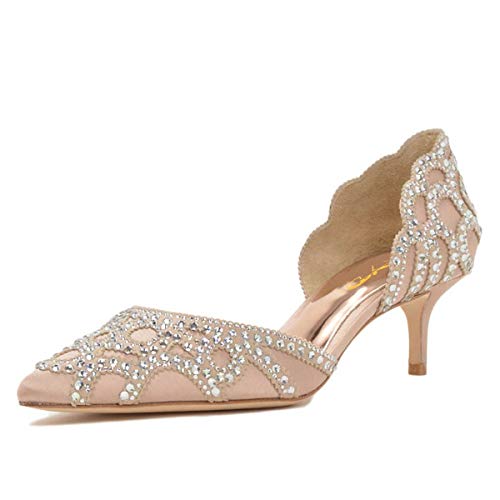 Image of XYD Women's Pumps, Elegant Pointed Toe, D'Orsay Kitten Low Heels, Rhinestone Studs, Slip-On Satin Shoes for Wedding