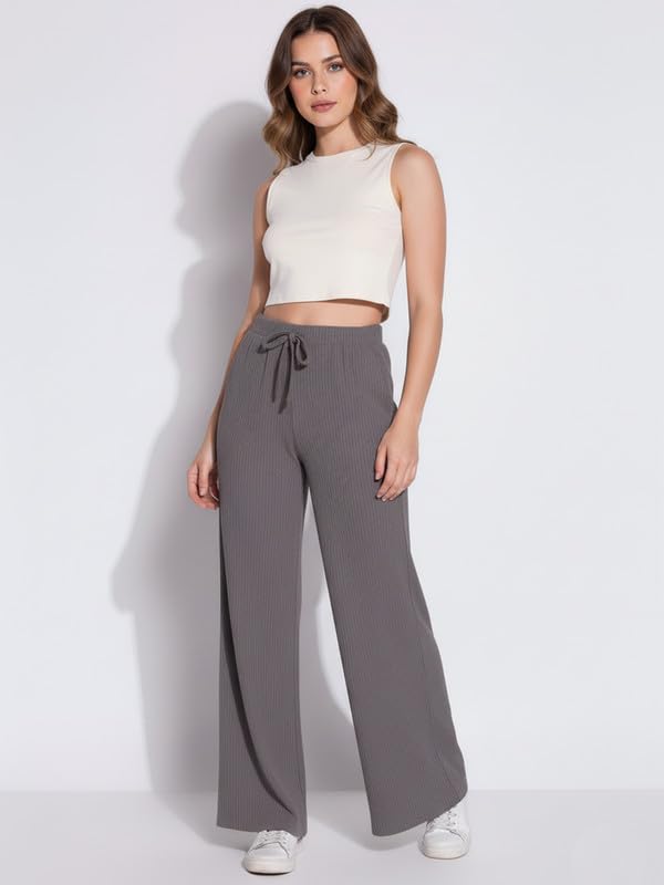Image of DTR FASHION Women's Solid Lining Stretchable Cotton Blend Casual Wide Leg Trouser