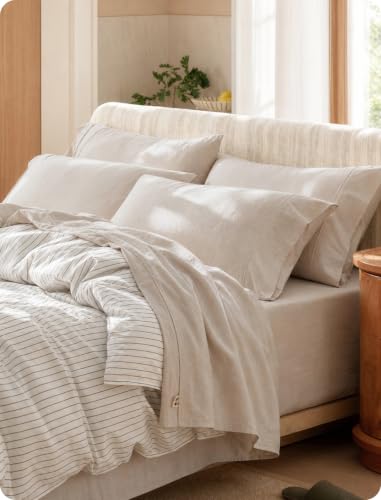 Image of Bedsure PureWoven 100% Washed Cotton Sheets Queen, Linen-Like Feel, 6PCS