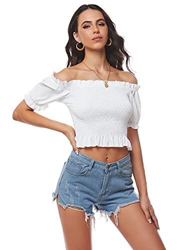 Lyaner Women's Off Shoulder Shirred Short Sleeve Crop Blouse Tee Top White Medium #TOP3