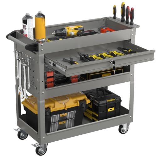Image of 3 Tier Heavy Duty Rolling Tool Cart with Drawers, Large Storage Utility Cart on Wheels for Garage, Warehouse, Repair Shop (Gray)