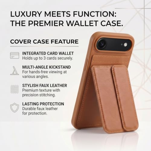 Image of amazon basics Luxury Vegan Leather Back Cover for iPhone 17 Air | Built-in Card Holder Slot | Integrated Mobile Stand | Slim Shockproof Protective Case with Stitched Finish - Tan