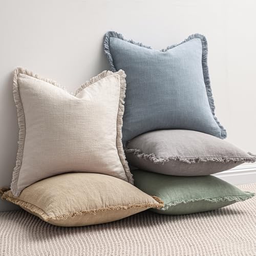 Image of MIULEE Decorative Throw Pillow Covers Neutral Linen Fringe Throw Pillows Euro Shams Set of 2 Light Blue Boho Farmhouse Cushion Covers for Couch Sofa Bed Living Room Spring Home Decor 26x26 Inch