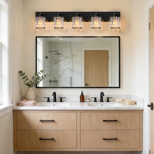 Image of Black Crystal Bathroom Vanity Light, 5-Light Modern Bathroom Lighting Fixtures Over Mirror, Matte Black Wall Sconce Light Fixtures with Square Shade