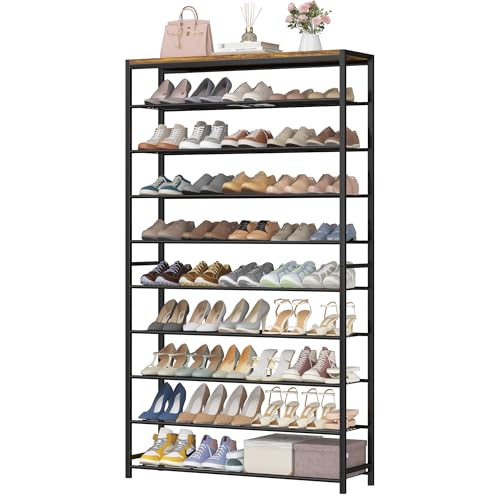 Image of HOMEFORT 10 Tiers Shoe Rack Organizer,39.4 inch Shoe Storage Shelf for Closet, Shoe Rack for Entryway,Holds 45-50 Pairs of Shoe, Tall Shoe Stand with Metal Shelves and MDF Top Board,Rustic Brown