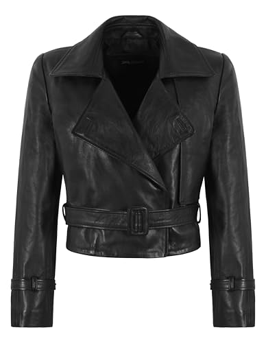 Trench-coat court pour femme veste classique en cuir noir avec ceinture