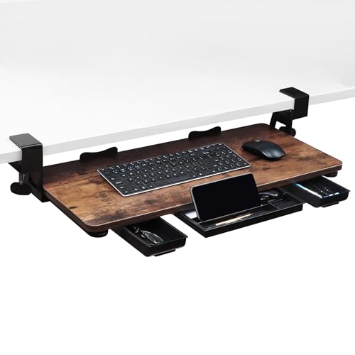 Large 26.77 Keyboard Tray Under Desk with Storage Drawer - Heavy Duty C-Clamp Mount Ergonomic Computer Keyboard Stand for Home Office Easy Install (Mahogany)