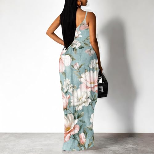 Image of Women's Summer Maxi Dress Spaghetti Strap Floral Boho Beach Long Sundress with Pockets