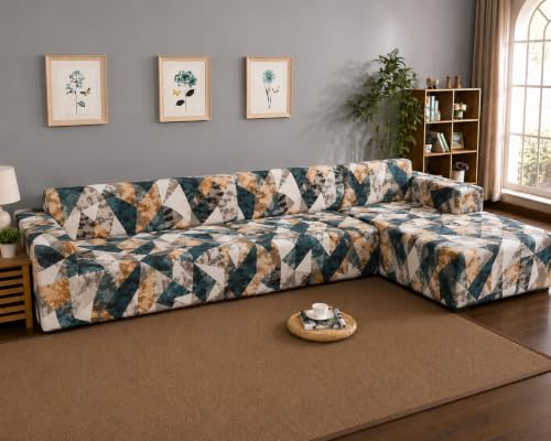 Image of Gifts Island Premium 160GSM Super Soft Antique Prism Stretchable Sofa Cover L Shape 7 Seater Fully Covered | Suitable for Both Left and Right Side Chaise Sofa (Antique Prism, 4+3 Seater)