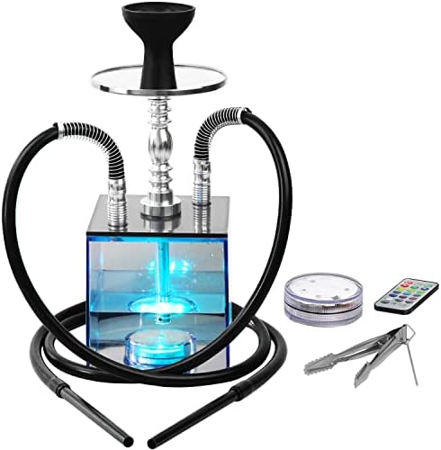 Hookah, Hookah Set, Micro Modern Cube Acrylic Hookah 2 Hose with Silicone Hookah Bowl Leather Hose Coal Tongs Aluminum Stem with Diffuser Magical Remote LED Light for Better Shisha Hookah Smoking