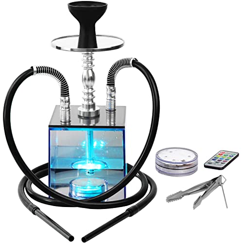 Hookah, Hookah Set, Micro Modern Cube Acrylic Hookah 2 Hose With Silicone Hookah Bowl Leather Hose Coal Tongs Aluminum Stem With Diffuser Magical Remote Led Light For Better Shisha Hookah Smoking #TOP13