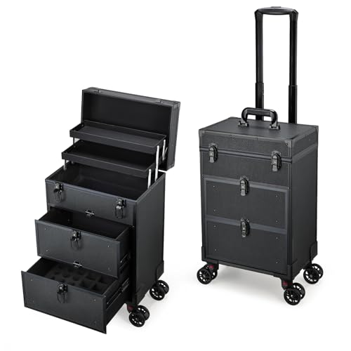 Kosmetikkoffer Kosmetik Trolley mit 2 Schubladen Friseurkoffer Groß Nageldesign Koffer Werkzugkoffer Ngaelkoffer Make up Koffer mit Rollen Schminkkoffer Abschließbarer,Schwarz