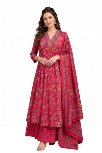 Image of Women's Rayon Printed Anarkali Kurta and Pant with Dupatta Set