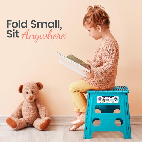 Image of Delxo Folding Step Stool, 13 inch Non-Slip Foldable Stools Up to 300 LBS, Step Stool with Handle, Lightweight for Kitchen, Bathroom, Bedroom, Garden Stepping Stool with Dotted Blue 1 PC