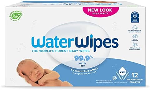 WaterWipes Plastic-Free Original Baby Wipes, 99.9% Water Based Wipes, Unscented & Hypoallergenic for Sensitive Skin, 720 Count (Pack of 12), Packaging May Vary