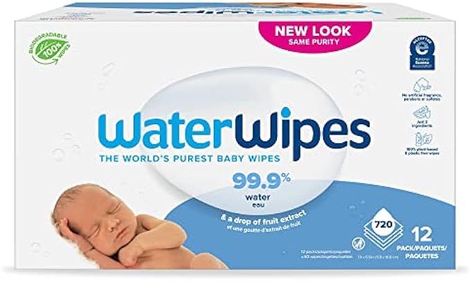 WaterWipes Plastic-Free Original Baby Wipes, 99.9% Water Based Wipes, Unscented & Hypoallergenic for Sensitive Skin, 720 Count (Pack of 12), Packaging May Vary