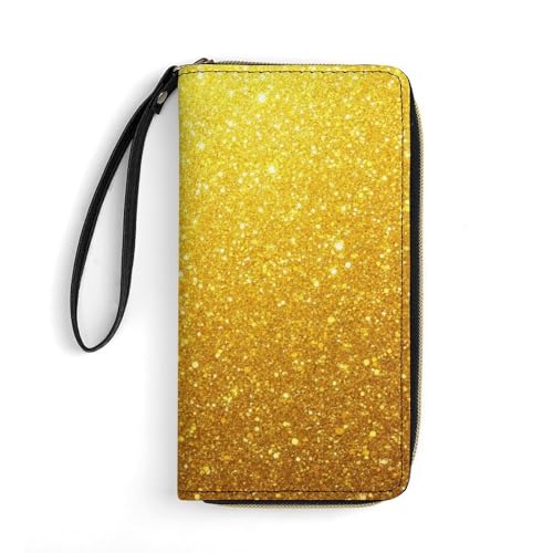 Women's Travel Zipper Purse Fashion Design, Huge Storage Capacity Purse, Cute Decor Wallet, Long PU Wallet With Rope Beautiful Gold Shining Glitter Sparkles Pattern