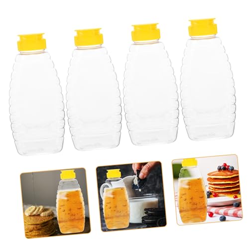 HEALLILY 4 Pack Honey Dispenser Plastic Condiment Containers with Lids Squeeze Bottle for Honey Salad Dressing Sauce Jam Bulk Cute