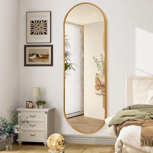 JJUUYOU Oval Full Length Bathroom Mirror Wall Mounted Mirror Gold Metal Mirrors 120x60 cm Aluminum Alloy Framed Bedroom Mirrors For Living Room Entryway Dorm and Entryway