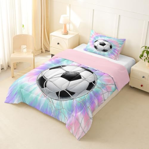 Image of Feelyou Football Comforter Set Toddler Size Soccer Bedding Set for Kids Boys Girls Watercolor Tie Dye Duvet Quilt Sports Bedroom Decor Microfiber 2 Pcs with 1 Pillow Cases