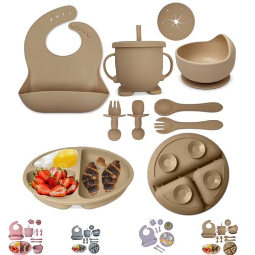 Image of Mutualproducts - Baby Feeding Set 10-Piece | Baby Led Weaning Utensils Set Includes Suction Bowl and Plate, Baby Spoon and Fork, Sippy Cup, Straw, Lid & 2Bibs | Baby Feeding Supplies Set (B-Beige)