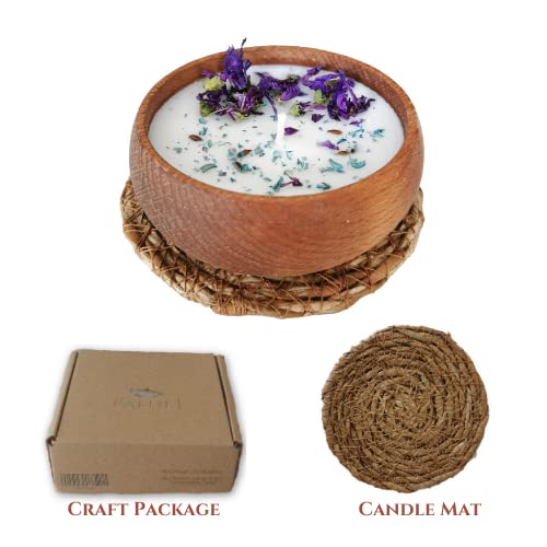 Lavender Scented All Natural Soy Candle - Non Toxic - Decorative Wooden Bowl With Flowers & Wicker Mat By Pafuli #TOP5