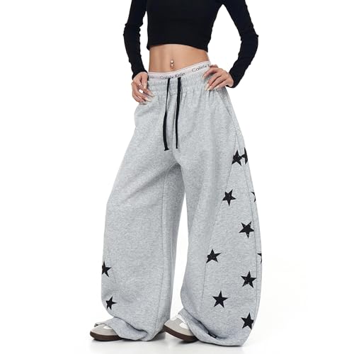CME SHOWU Women Y2k Wide Leg Baggy Sweatpants Streetwear Star Printed Drawstring Pants (Grey,S) by CME SHOWU - Used condition - Image 5