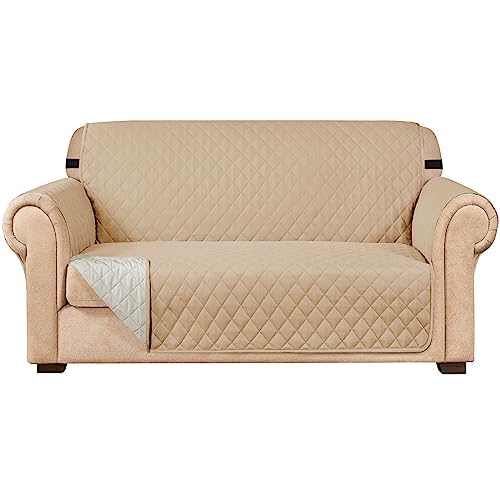 SUBRTEX Sofa Slipcover Reversible Sofa Cover Quilted Couch Cover Furniture Protector with Elastic Straps in Living Room Washable Slip Cover for Pets Kids Dogs (Loveseat, Sand)