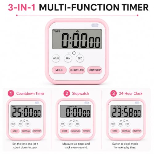 Image of Digital Magnetic Multi-Function Timer Clock with Large LCD Display, Loud Alarm, Retractable Stand, Stopwatch Stand Hanging Hole, Countdown Flashing Light, Dual-Purpose Time Management Clock (Pink)