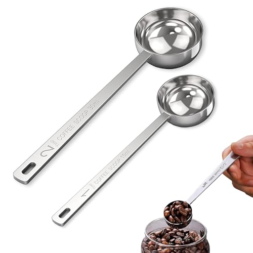 Cucharas de café dosificadoras, 2 cucharas medidoras de café de acero inoxidable, 15 ml + 30 ml, cuchara medidora de café de mango largo, cuchara dosificadora de café para café molido, leche Brewin